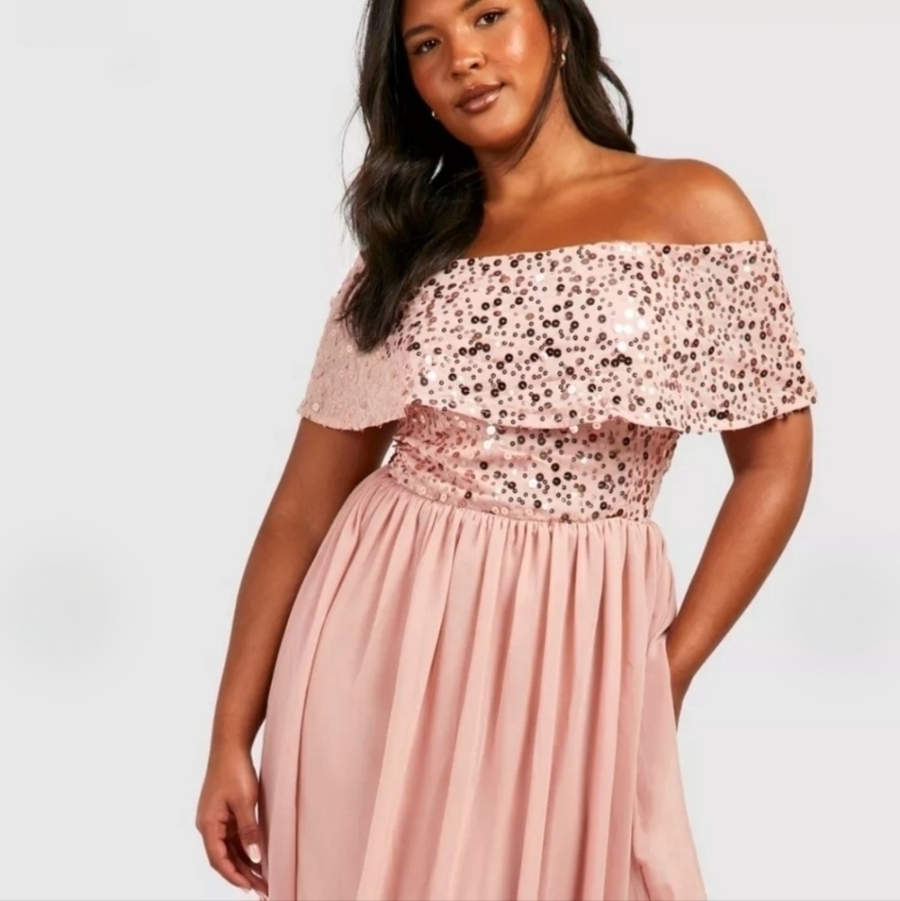 Boohoo Rose Pink Off-Shoulder Sequin Bodice Maxi Dress